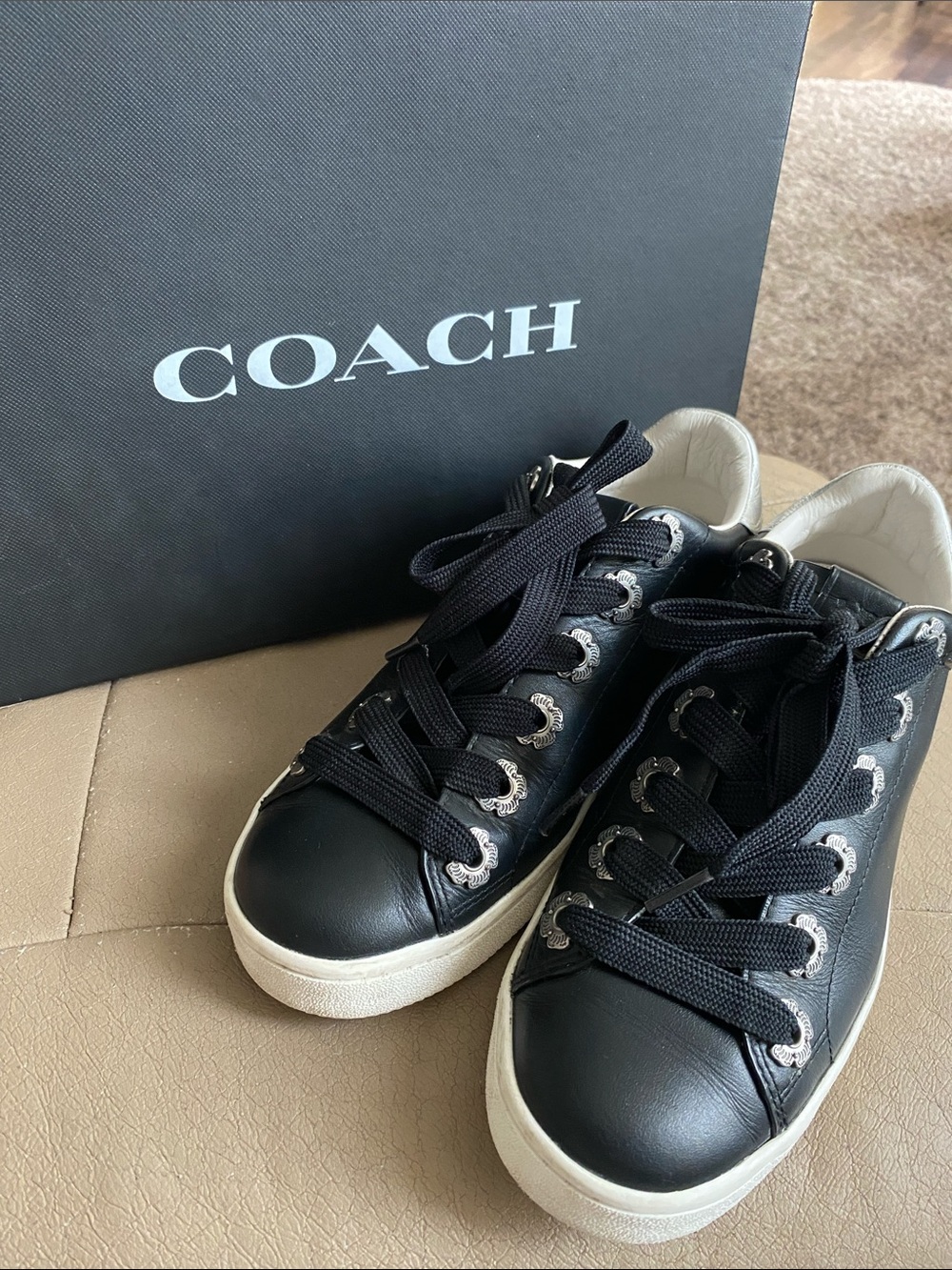 Coach Black Leather Low-Top Sneakers with White Soles